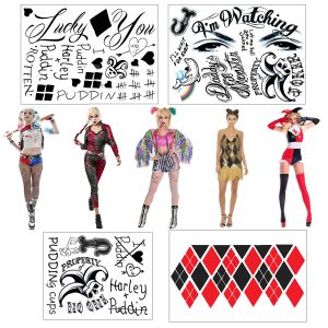 Updated Harley Quinn Costume Temporary Tattoos - 4 Sheets w/ 30+ Tats! - Super Realistic - Easy to Apply & Remove
